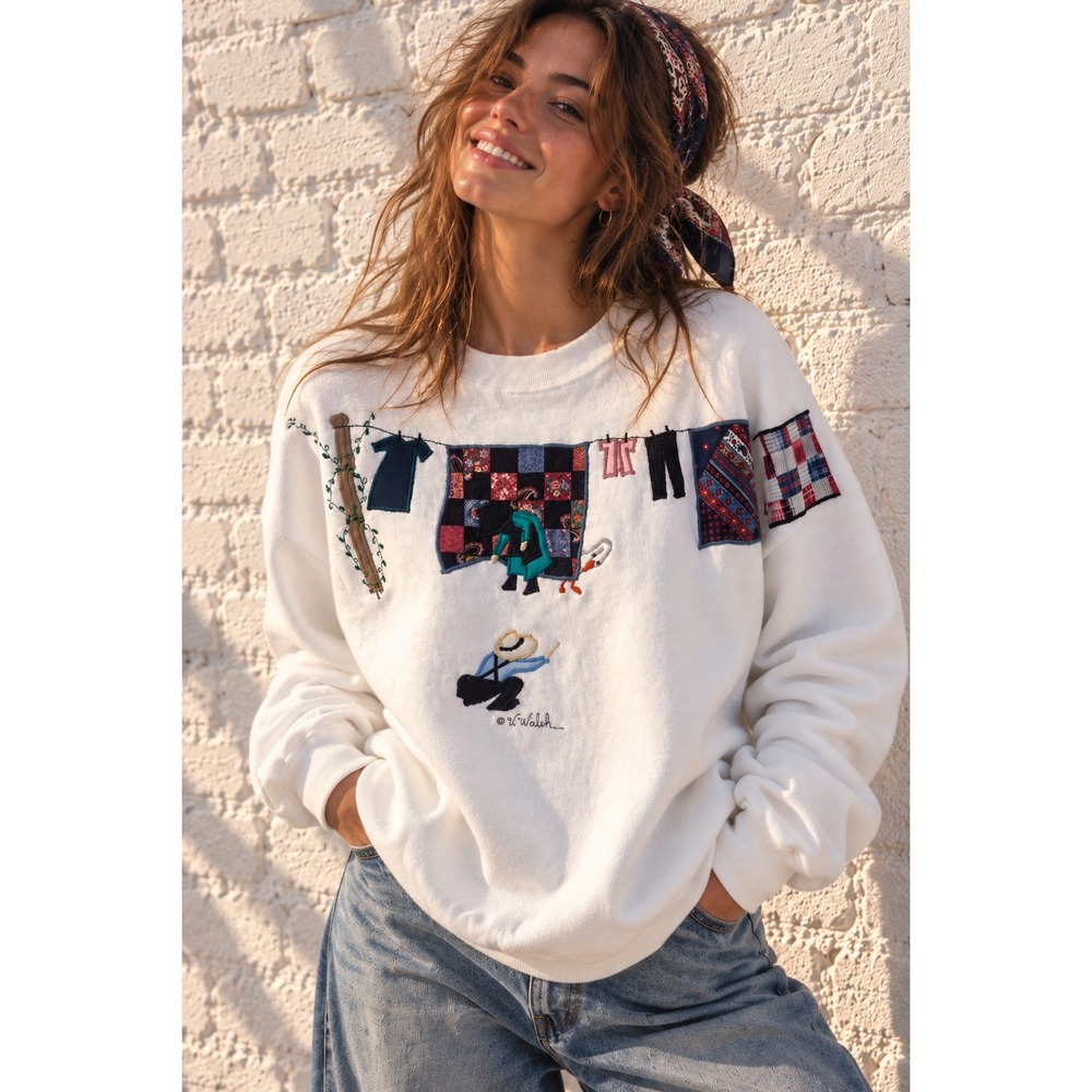 Vintage Santee White Cotton Blend Sweatshirt Quilt Laundry Applique 90s Large
